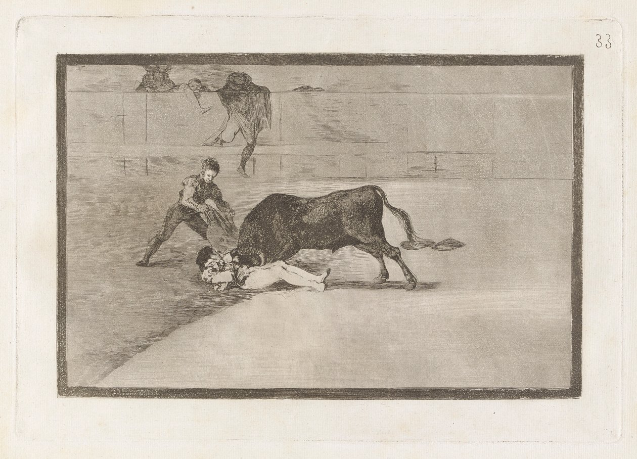 Pechowa śmierć Pepe Illo na ringu w Madrycie (Nieszczęśliwa śmierć Pepe Illo na ringu w Madrycie), płyta 33 z La tauromaquia autorstwa Francisco de Goya