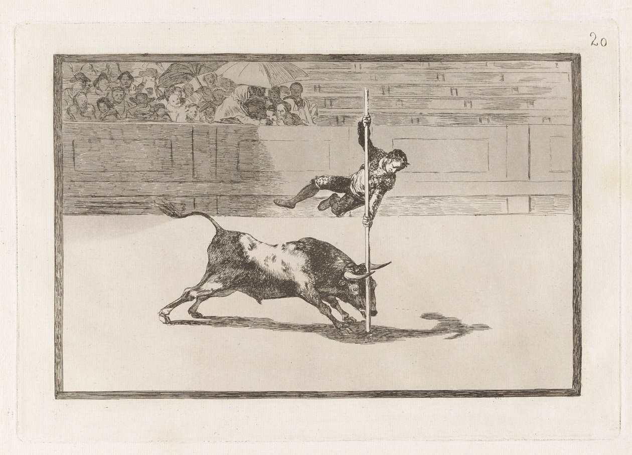 Lekkość i śmiałość Juanito Apinani w [Pierścieniu] w Madrycie, płyta 20 z La Tauromaquia autorstwa Francisco de Goya