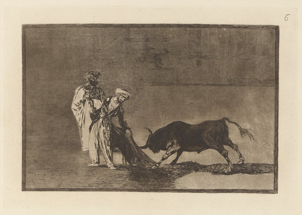 Maurowie robią kolejną pelerynę na placu ze swoimi albornozami (Maurowie grają inną grę na ringu Wzywając byka swoim Burnous), płyta 6 z La tauromaquia autorstwa Francisco de Goya