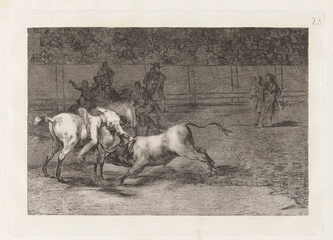 Mariano Ceballos, alias Indianin zabija byka z konia (Mariano Ceballos, Alias ​​Indianin, zabija byka z konia), Płyta 23 z La tauromaquia autorstwa Francisco de Goya