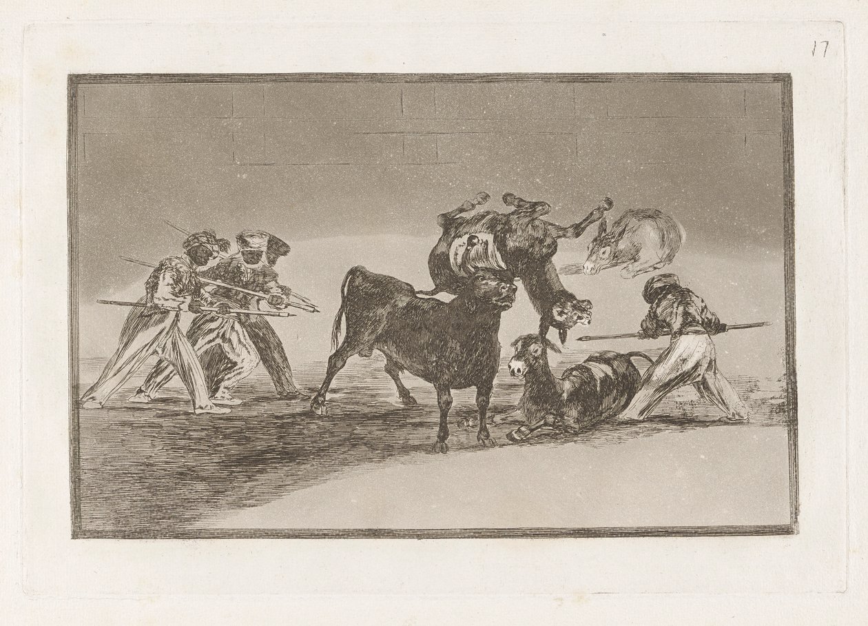 Palenque de los moros hecho con burros para defenseerse del toro embolado (Maurowie używają osłów jako bariery w obronie przed bykiem, którego rogi zostały zakończone kulkami), płyta 17 z La tauromaquia autorstwa Francisco de Goya