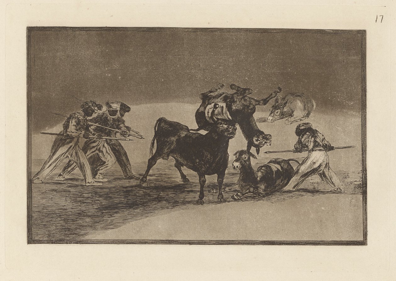 Palenque de los moros hecho con burros para defenseerse del toro embolado (Maurowie używają osłów jako bariery w obronie przed bykiem, którego rogi zostały zakończone kulkami), płyta 17 z La tauromaquia autorstwa Francisco de Goya