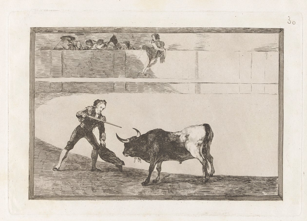 Pedro Romero zabija? stojący byk (Pedro Romero zabija zatrzymanego byka), płyta 30 z La tauromaquia autorstwa Francisco de Goya