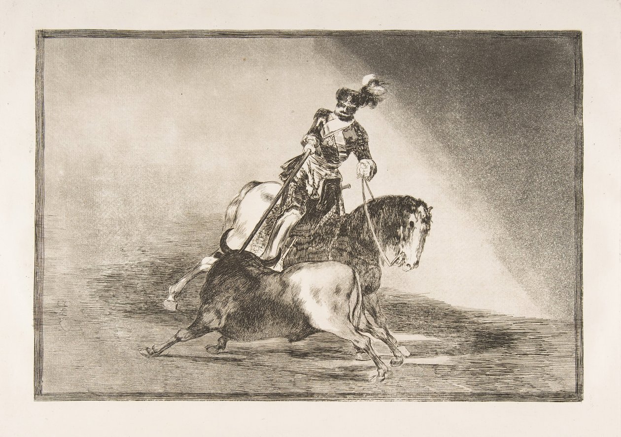 Tablica 10 z La Tauromaquia: Karol V przebija byka na ringu w Valladolid, 1816. autorstwa Francisco de Goya