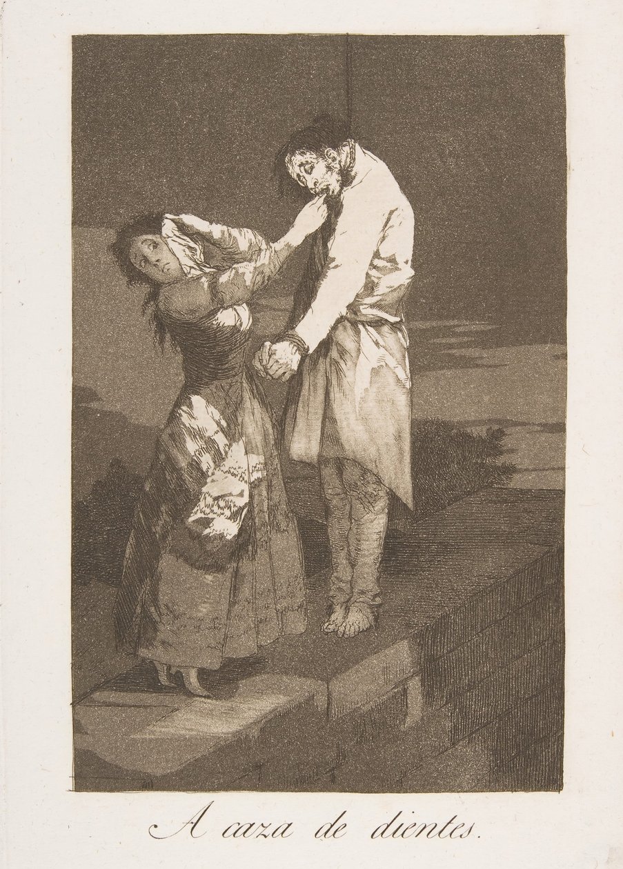 Tablica 12 z Los Caprichos: Polowanie na zęby A caza de dientes., 1799. autorstwa Francisco de Goya