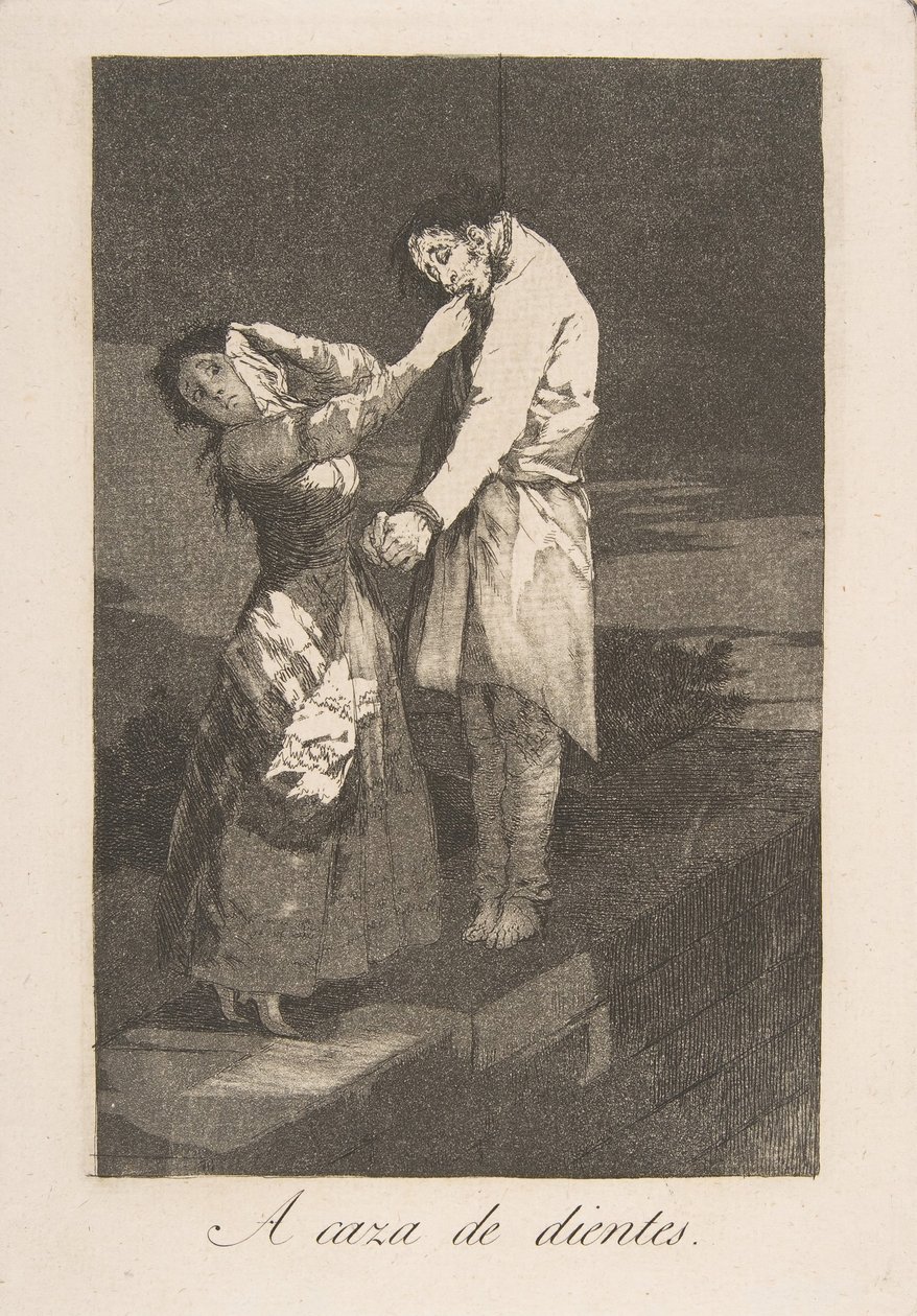 Tablica 12 z Los Caprichos: Polowanie na zęby A caza des dientes., 1799. autorstwa Francisco de Goya