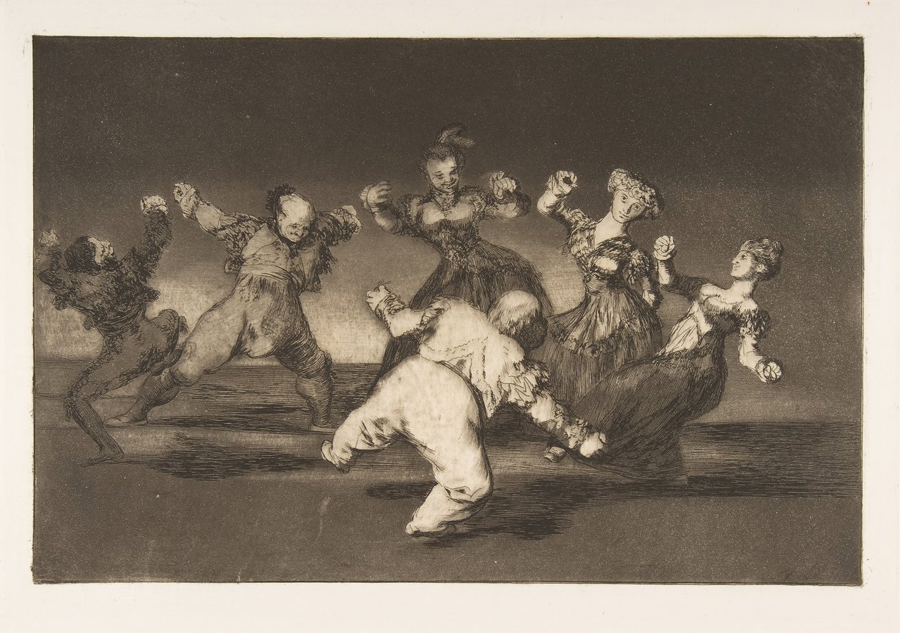 Tablica 12 z Disparates: Jeśli Marion będzie tańczyć, to ma..., ca. 1816-23 opublikowany 1864. autorstwa Francisco de Goya