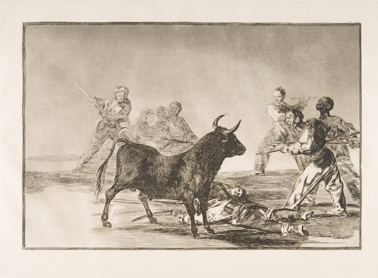 Tablica 12 z Tauromachii: Tłum podcina byka włóczniami, sierpami, opaską..., 1816. autorstwa Francisco de Goya
