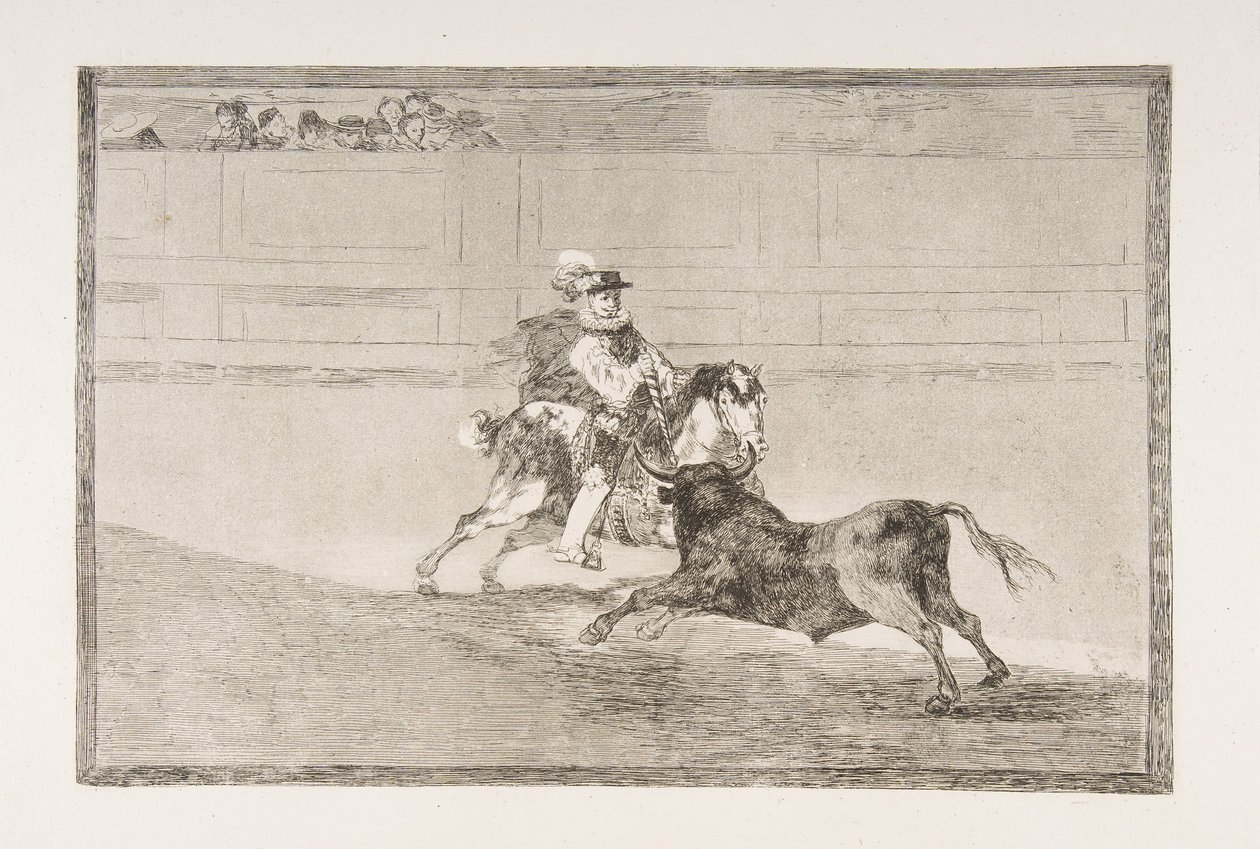 Tablica 13 "Tauromaquia": Hiszpański rycerz konny w pierścieniu łamiący krótkie włócznie ..., 1816. autorstwa Francisco de Goya