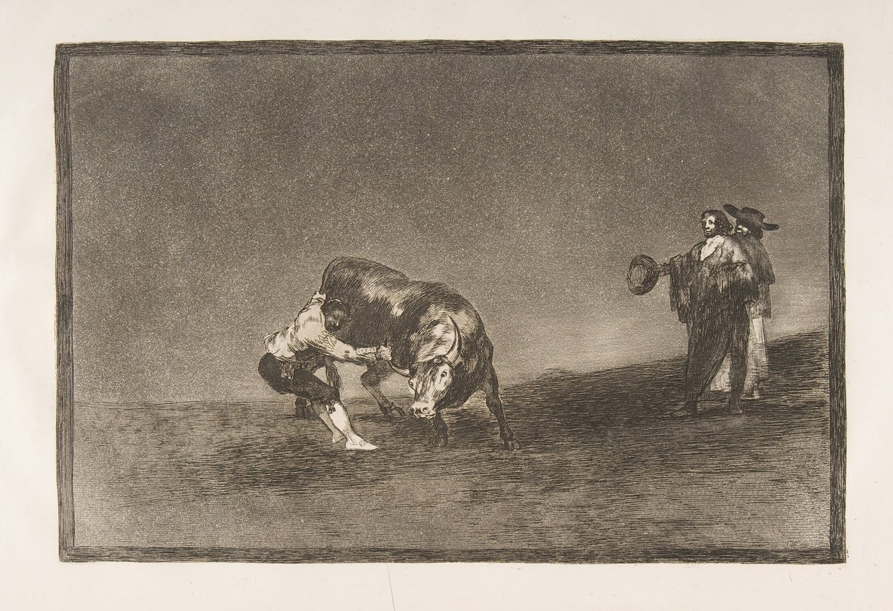 Tablica 16 Tauromachii: Ten sam mężczyzna rzuca byka na ring w Madrycie, 1816. autorstwa Francisco de Goya