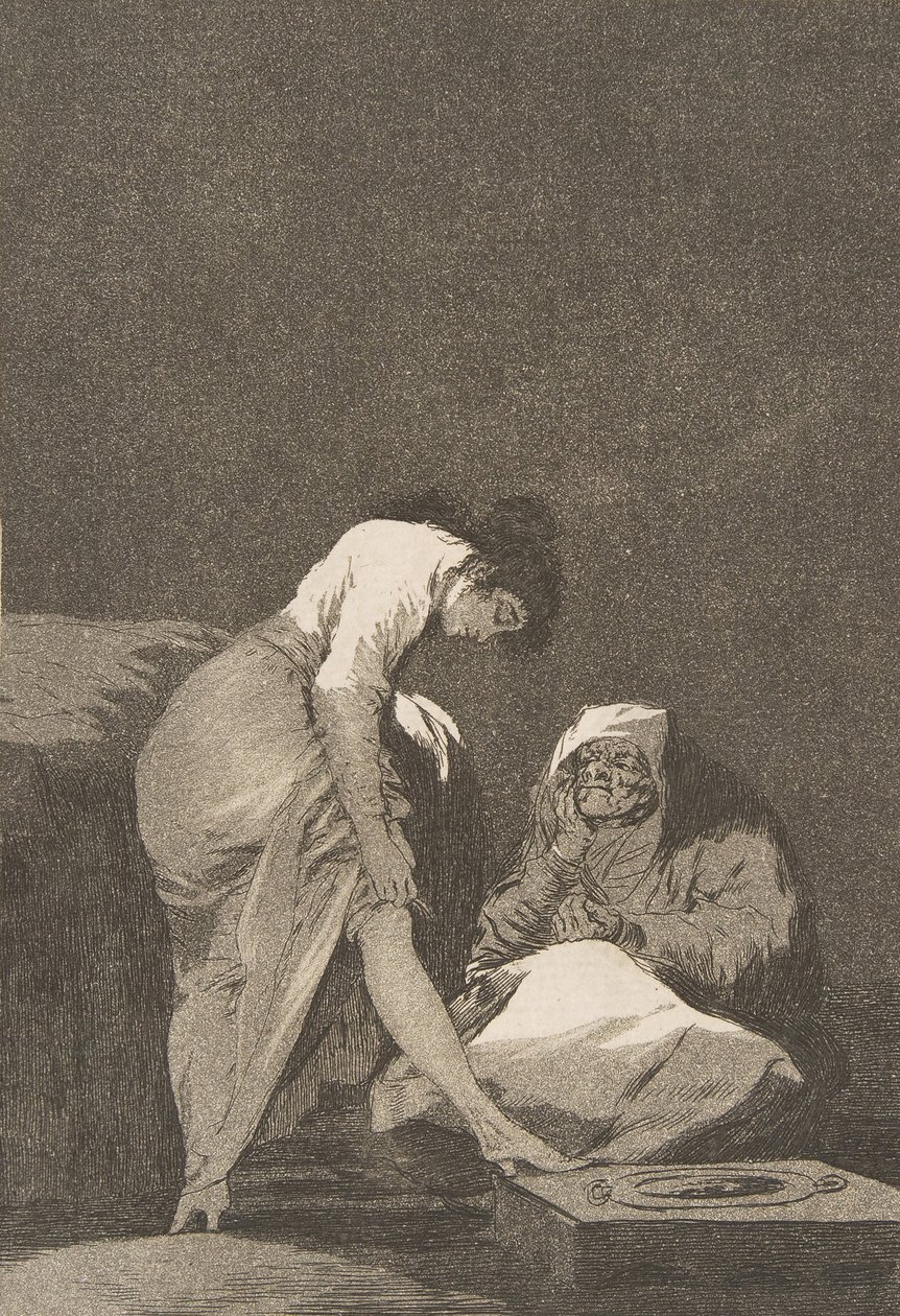 Płyta 17 z Los Caprichos: Jest ładnie rozciągnięta autorstwa Francisco de Goya