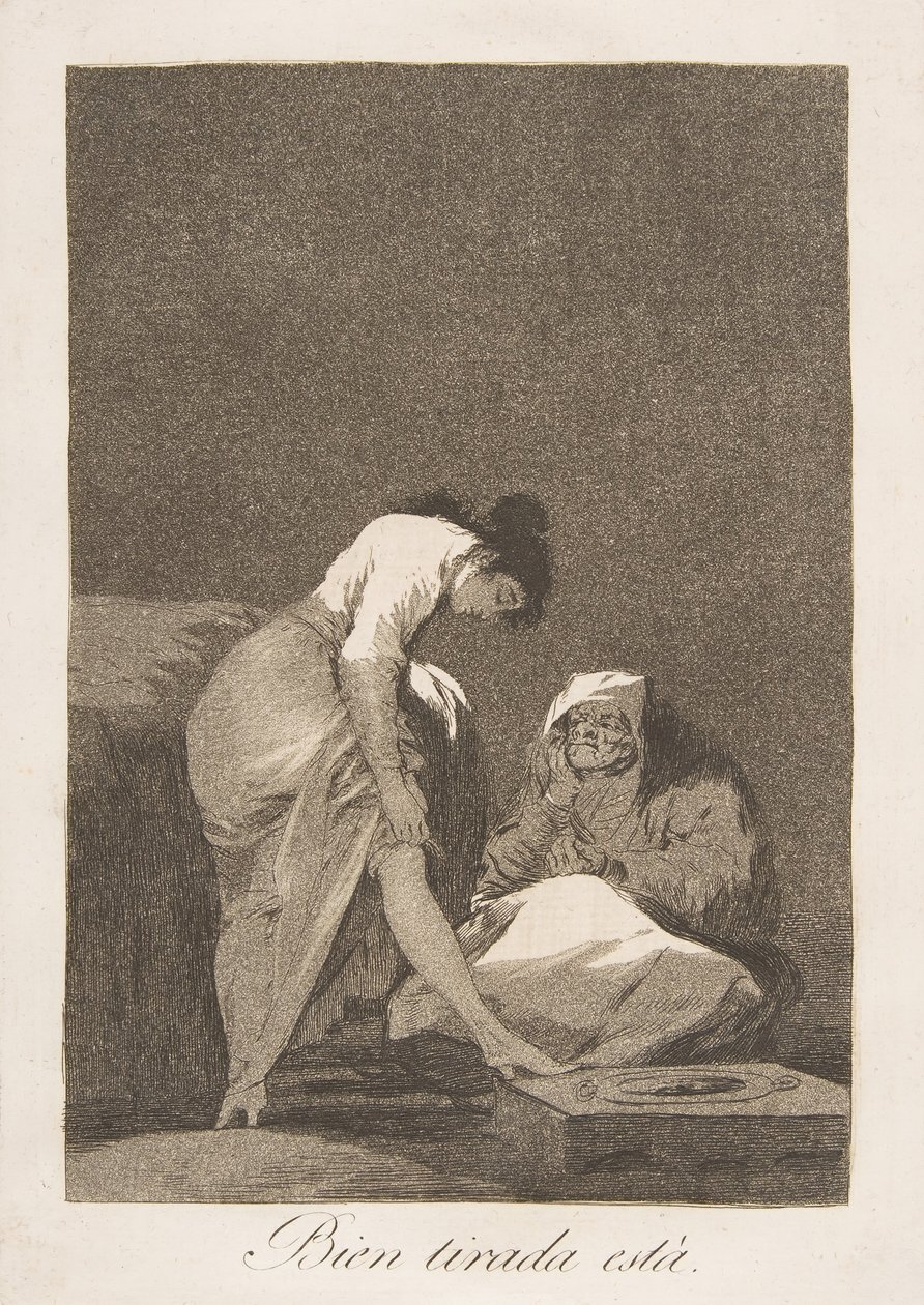 Tablica 17 z Los Caprichos: Ładnie rozciągnięta Bien tirada está., 1799. autorstwa Francisco de Goya