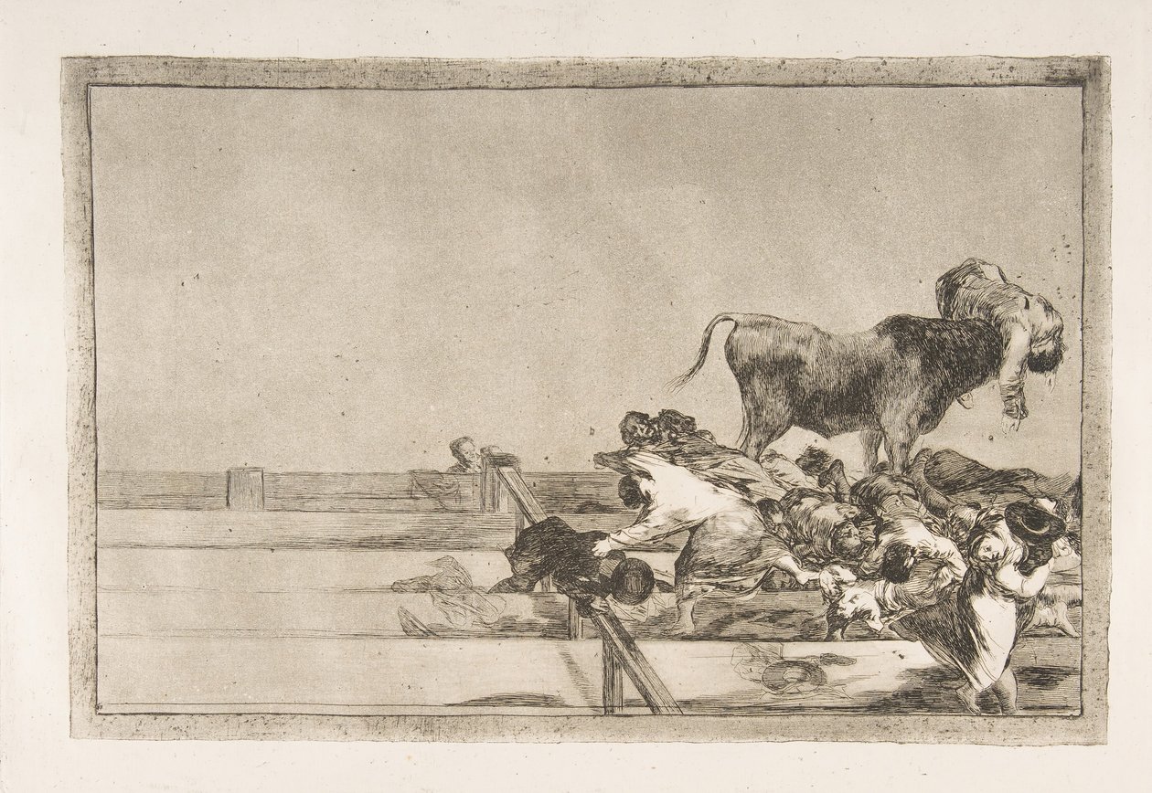 Tablica 21 z Tauromachii: Straszne wydarzenia w pierwszych rzędach ringu w Madrycie a..., 1816. autorstwa Francisco de Goya