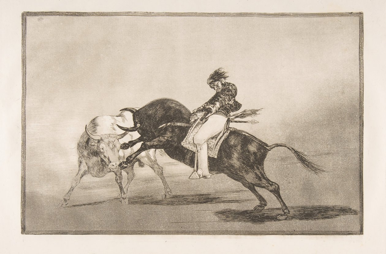 Tablica 24 Tauromachii: Ten sam Ceballos, jadący na innym byku, łamie krótką włócznię..., 1816. autorstwa Francisco de Goya