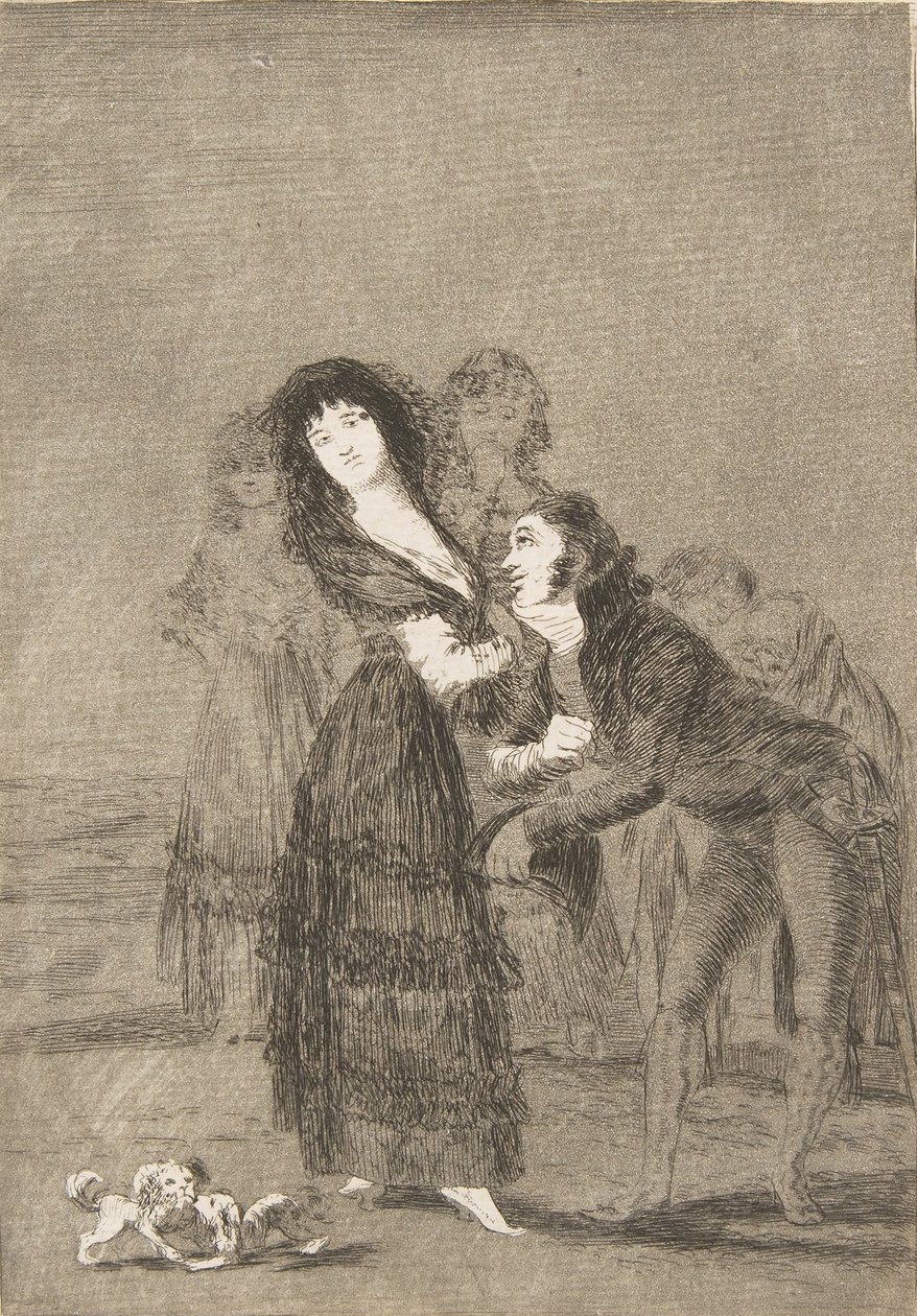 Tablica 27 z Los Caprichos: Który z nich jest bardziej pokonany Quien mas rendido, 1799. autorstwa Francisco de Goya