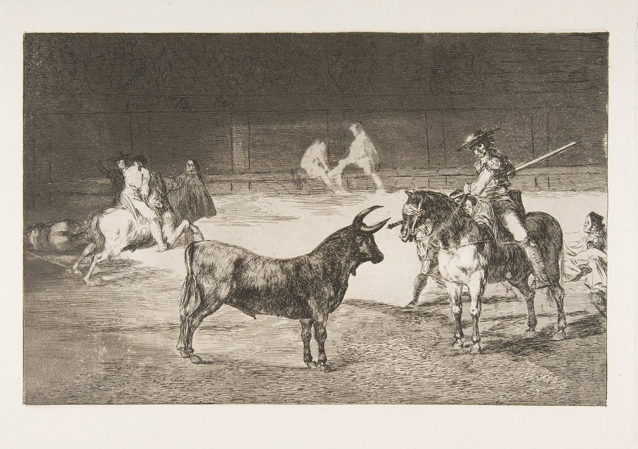 Tablica 27 z Tauromaquia: Słynny pikador, Fernando del Toro, rysuje ognistego..., 1816. autorstwa Francisco de Goya