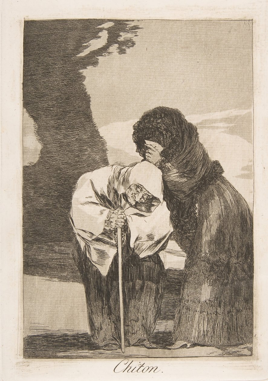 Tablica 28 z „Los Caprichos”: Hush Chiton., 1799. autorstwa Francisco de Goya