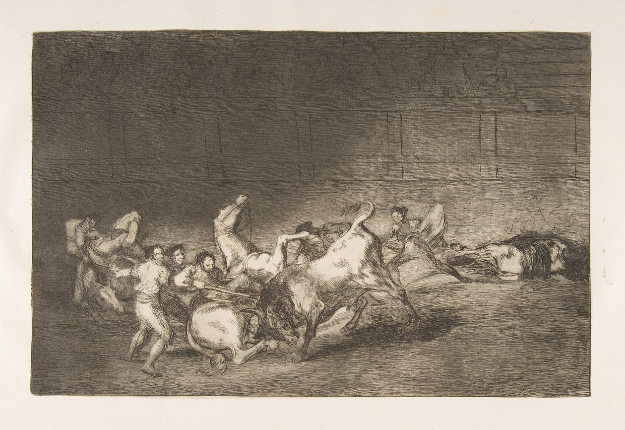 Tablica 32 z Tauromachii: Dwie drużyny pikadorów rzucone jedna po drugiej przez śpiew..., 1816. autorstwa Francisco de Goya