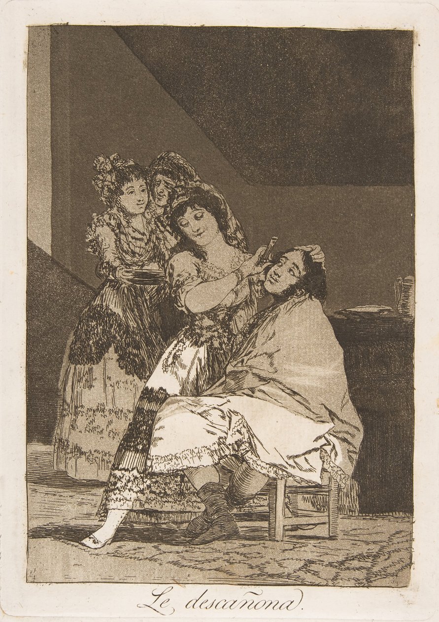 Tablica 35 z Los Caprichos: Okrywa go runem Le descañona., 1799. autorstwa Francisco de Goya