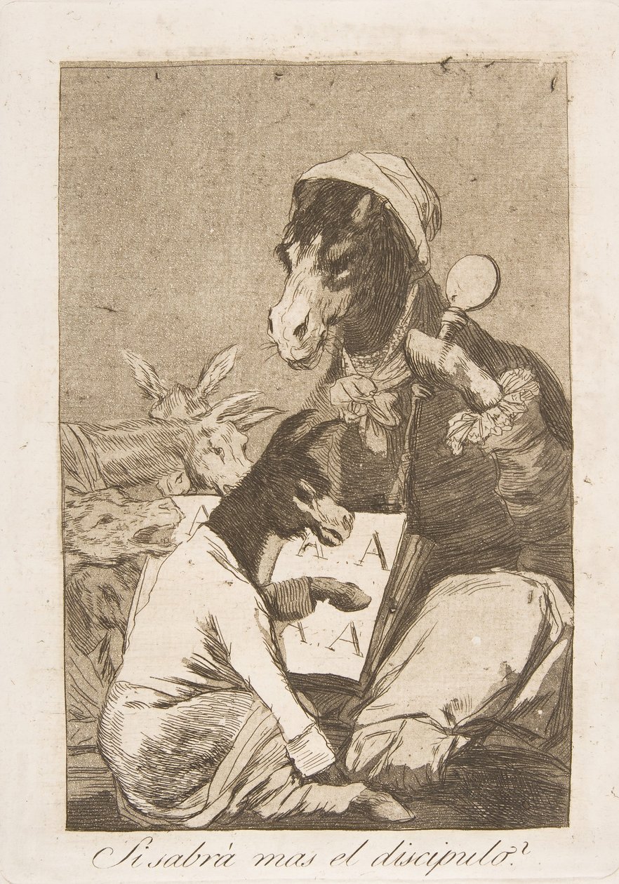 Tablica 37 z Los Caprichos: Czy uczeń nie może wiedzieć więcej Si Sabrá mas el discipulo, 1799. autorstwa Francisco de Goya