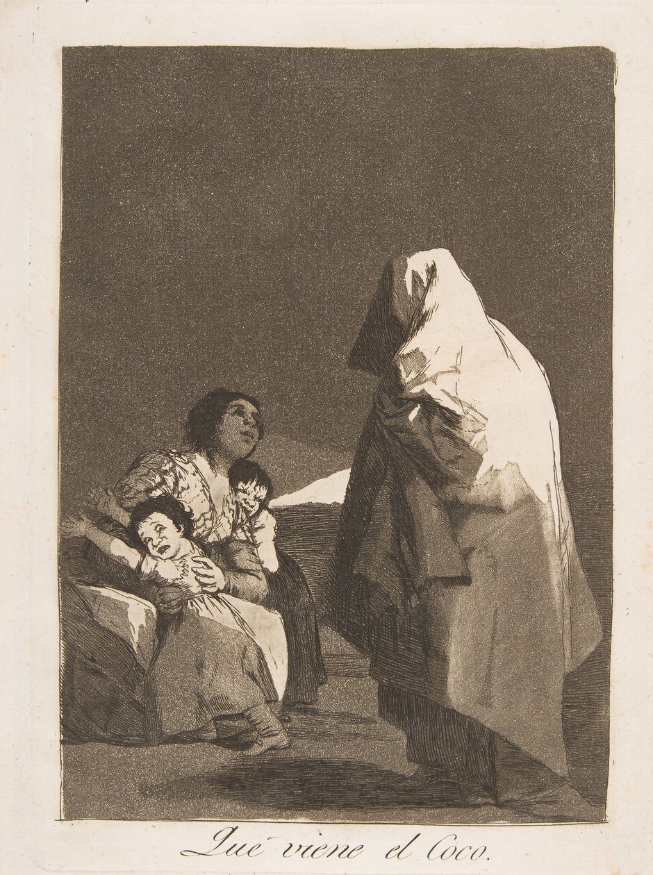 Płyta 3 z Los Caprichos: Oto straszak Que przychodzący el Coco., 1799. autorstwa Francisco de Goya