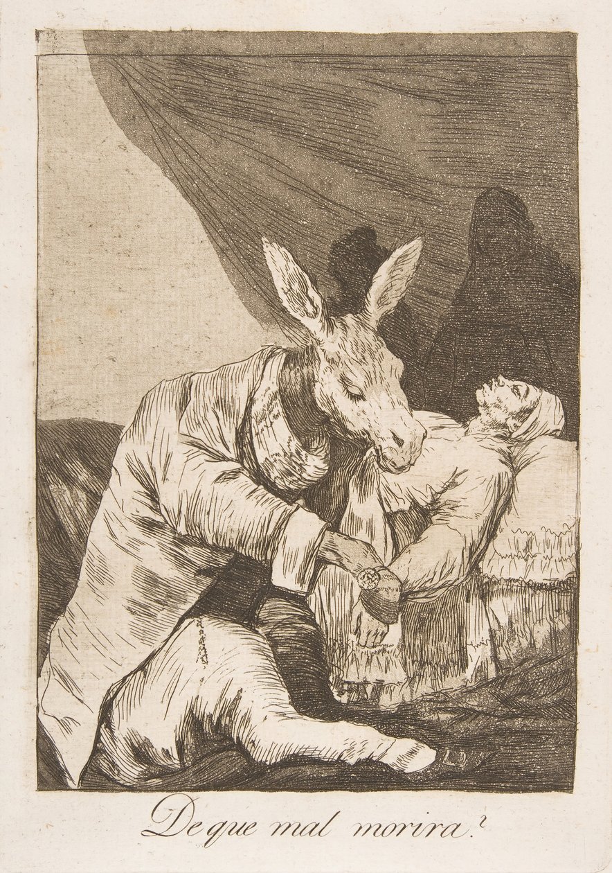 Tablica 40 z Los Caprichos: Z jakiej złej woli umrze De que mal morira, 1799. autorstwa Francisco de Goya
