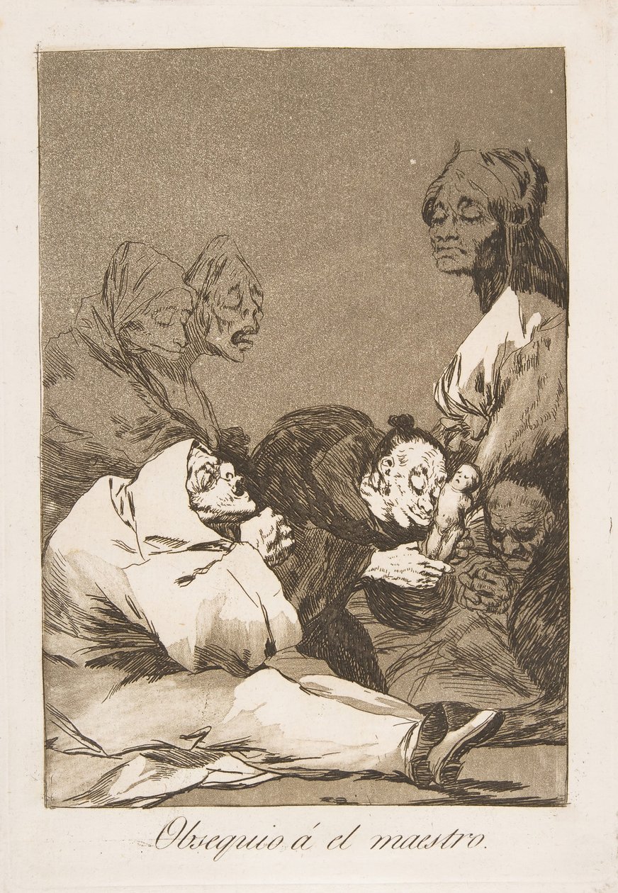 Tablica 47 z Los Caprichos: Prezent dla mistrza Obsequio á el maestro, 1799. autorstwa Francisco de Goya