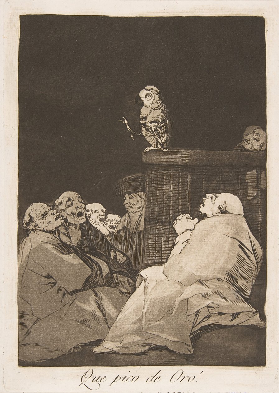 Tablica 53 z Los Caprichos: Jaki złoty dziób! Que pico de Oro!, 1799. autorstwa Francisco de Goya