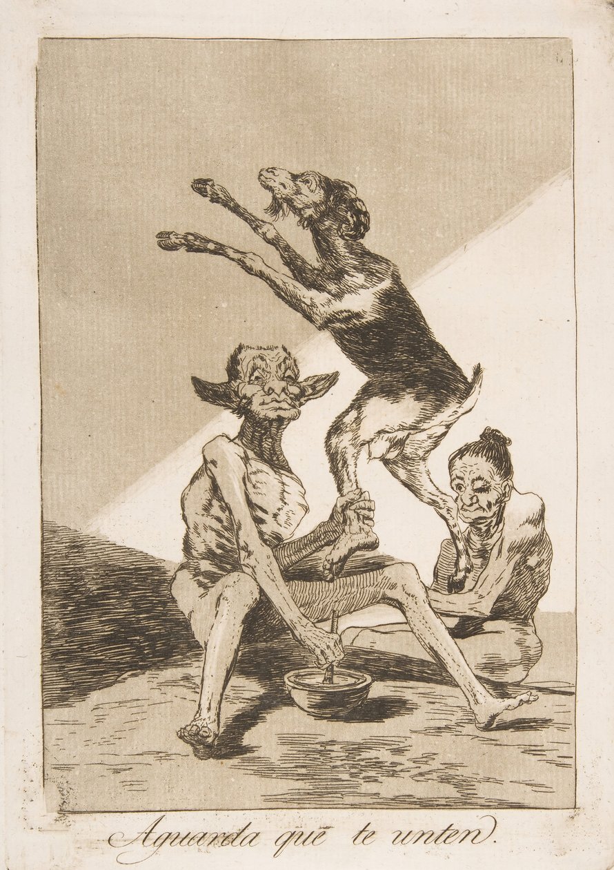 Tablica 67 z Los Caprichos: Poczekaj, aż zostaniesz namaszczony Aguarda que te unten., 1799. autorstwa Francisco de Goya