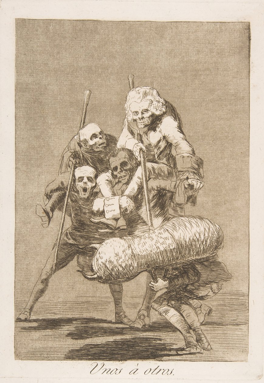 Tablica 77 z „Los Caprichos”: Co się robi drugiemu Unos á otros., 1799. autorstwa Francisco de Goya