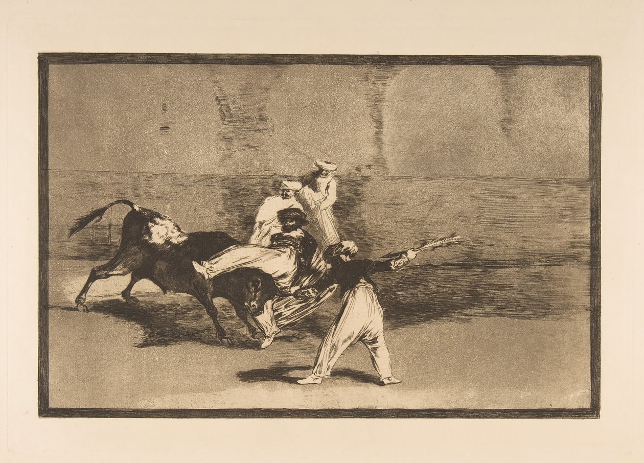 Tablica 8 z Tauromachii: Wrzosowisko złapane przez byka na ringu, ok. godz. 1816. autorstwa Francisco de Goya