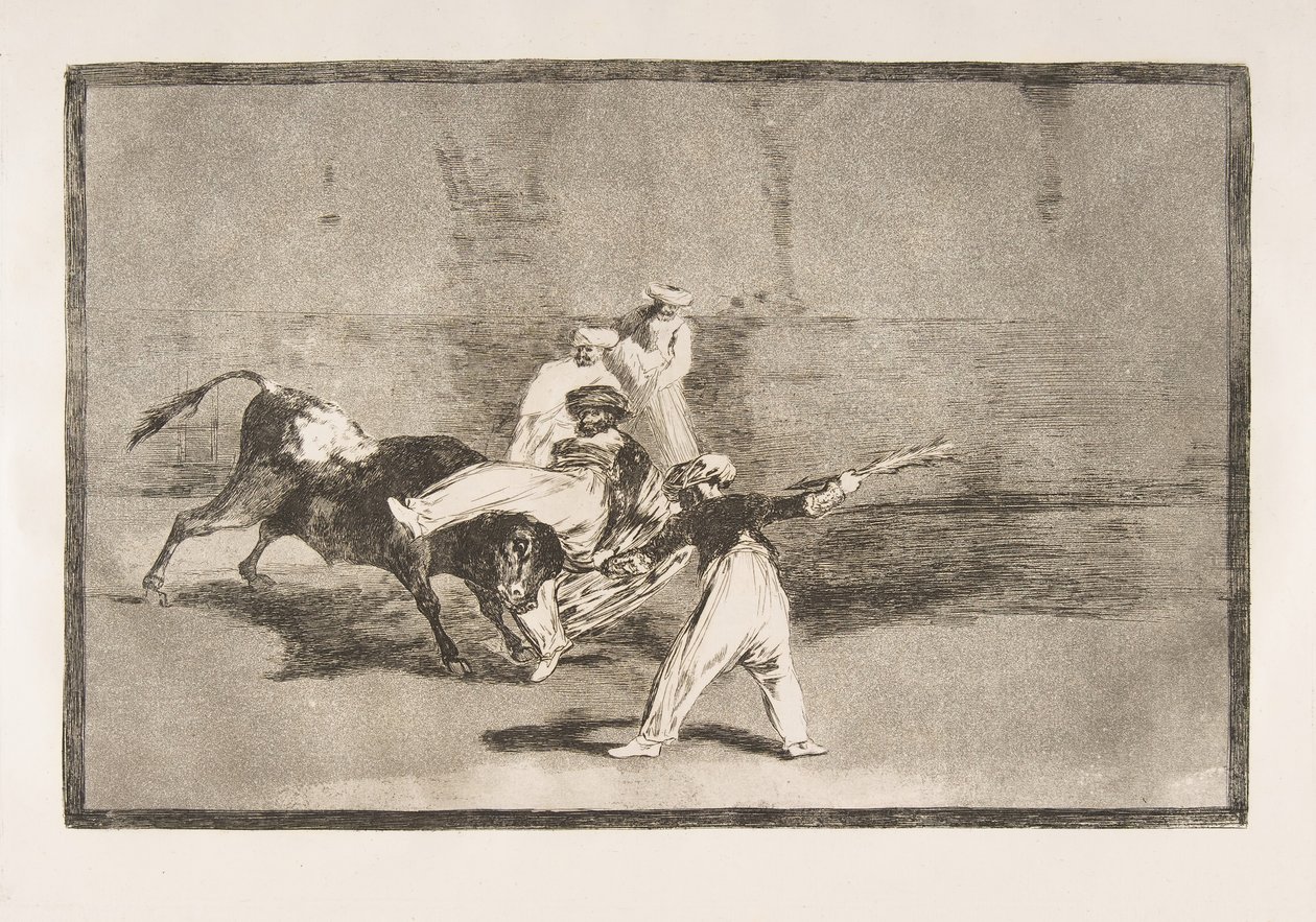 Tablica 8 Tauromaquia: Maur złapany przez byka na ringu, 1816. autorstwa Francisco de Goya