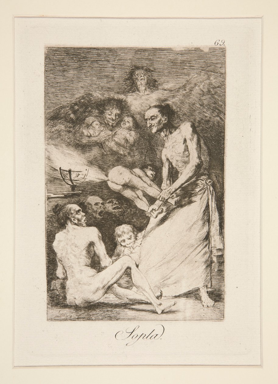 Sopla (Blow), pl. 69 z cyklu Los caprichos autorstwa Francisco de Goya