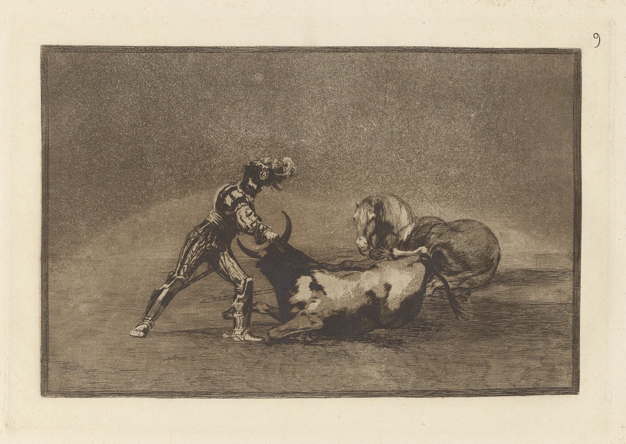 Hiszpański rycerz zabija byka po zgubieniu konia (Hiszpański rycerz zabija byka po zgubieniu konia), płyta 9 z La tauromaquia autorstwa Francisco de Goya
