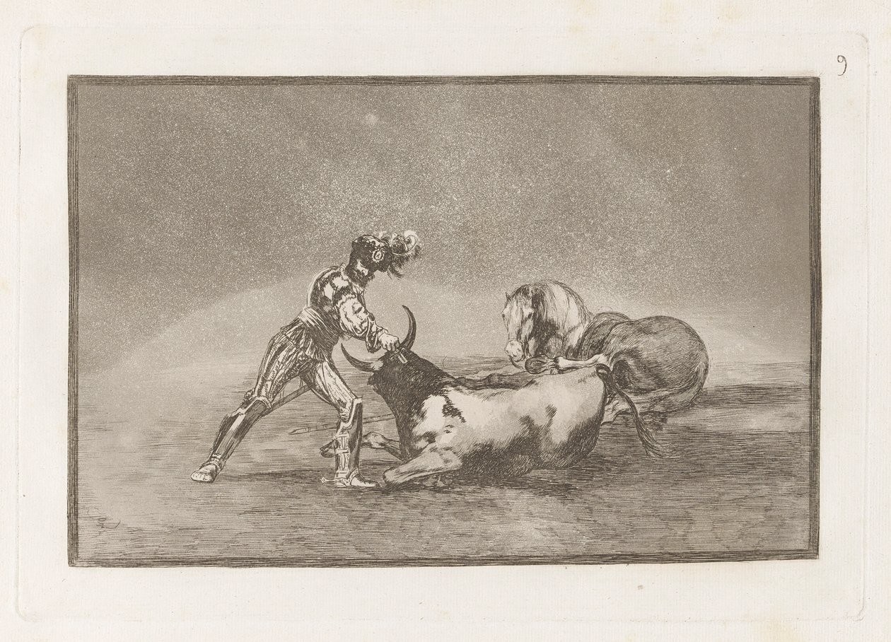 Hiszpański rycerz zabija byka po zgubieniu konia (Hiszpański rycerz zabija byka po zgubieniu konia), płyta 9 z La tauromaquia autorstwa Francisco de Goya