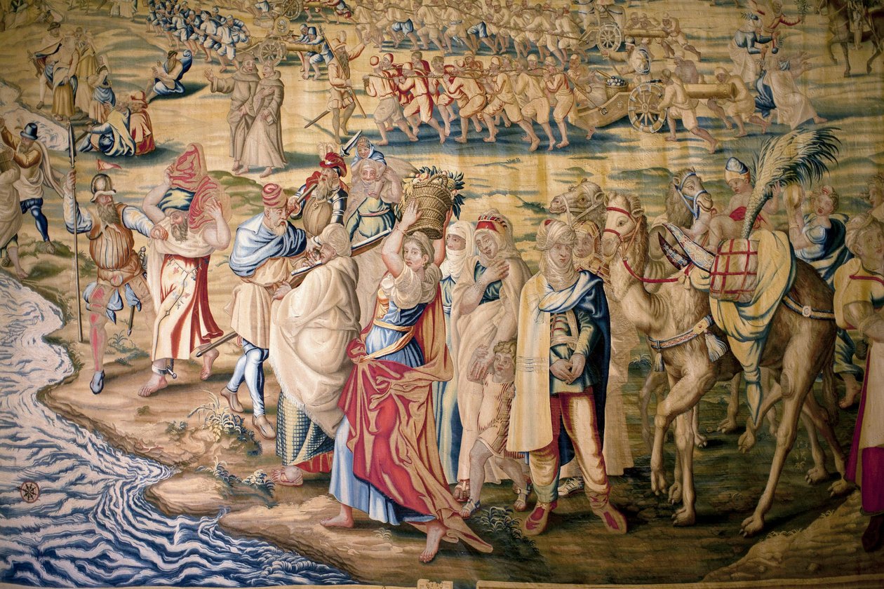 Szczegół podboju Tunisu (Tunezja) - Gobelin autorstwa Francisco i Corneliusa Van der Gotenów (XVIII wiek), utkany w królewskiej fabryce gobelinów, połowa XVIII wieku, po gobelinie z XVI wieku autorstwa Willema de Pannemakera - (Podbój Tunisu, detal, gobeli autorstwa Francisco Ignacio Vandergoten Canyuwell