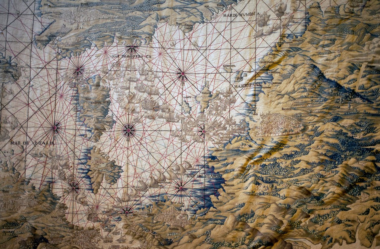 Mapa Morza Śródziemnego - Fragment podboju Tunisu (Tunezja) - Gobelin autorstwa Francisco i Corneliusa Van der Ggotów (XVIII wiek), wpleciony w królewską fabrykę gobelinów, połowa XVIII wieku, po gobelinie z XVI wieku autorstwa Willema de Pannema autorstwa Francisco Ignacio Vandergoten Canyuwell