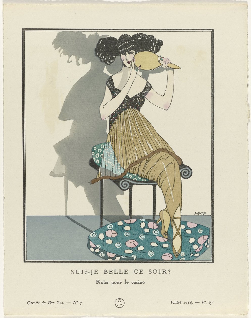 Gazette du Bon Ton. Sztuka – tryby i frywolności: artyści Gazette du Bon Ton, 1914, nr 7, pl. 63: Czy dziś wieczorem jestem piękna? / Sukienka do kasyna (tytuł na obiekcie) autorstwa Francisco Javier Gosé