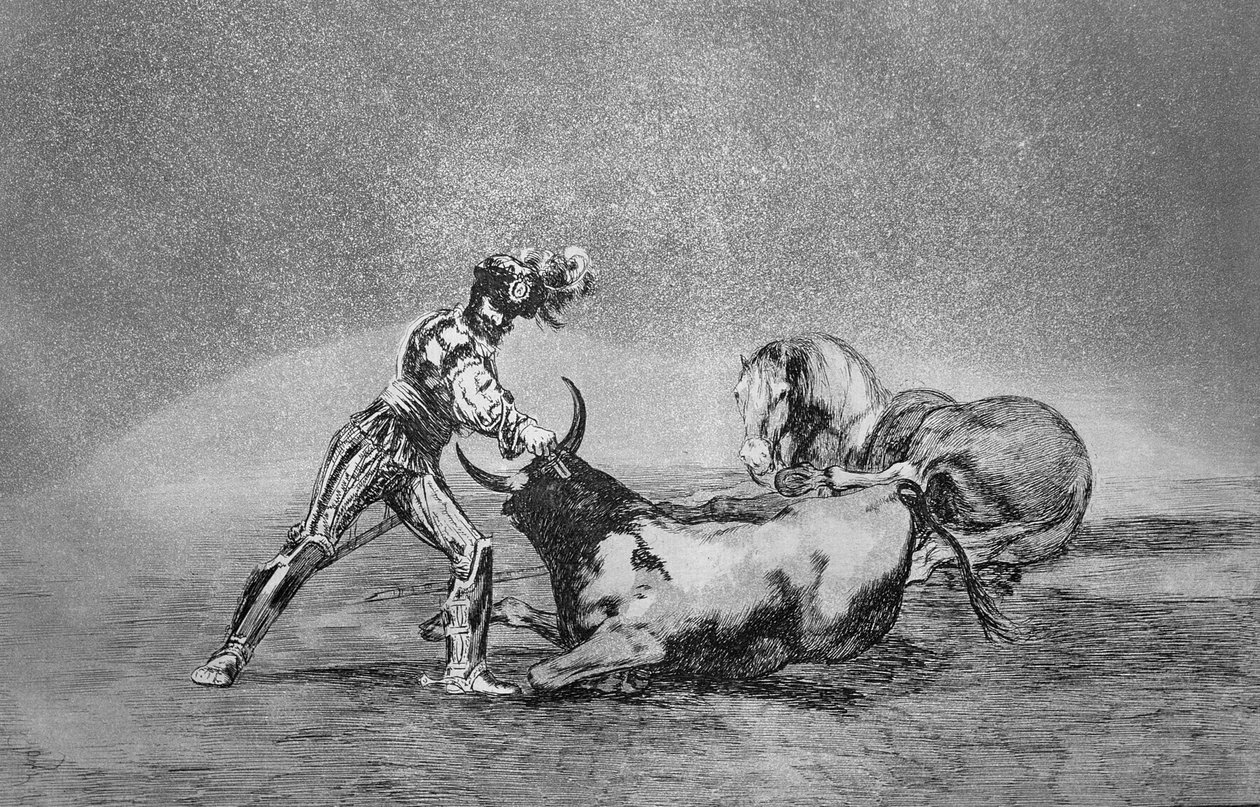 Hiszpański rycerz zabija byka po utracie konia, płyta 9 „Sztuka walki byków”, wyd. 1816 (akwaforta) autorstwa Francisco Jose de Goya y Lucientes
