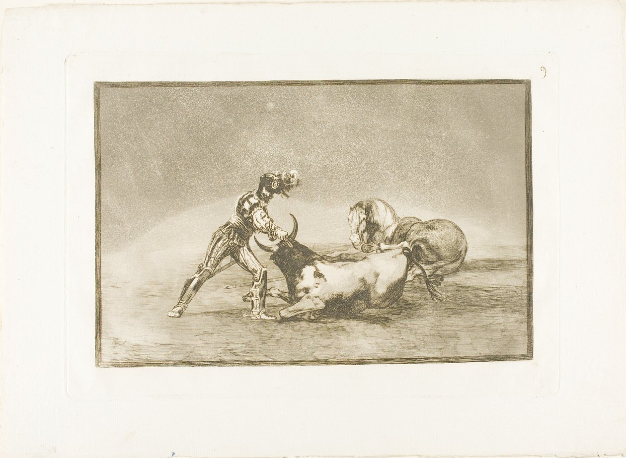 Hiszpański rycerz zabija byka po utracie konia, płyta dziewiąta z Sztuki walki byków autorstwa Francisco Jose de Goya y Lucientes