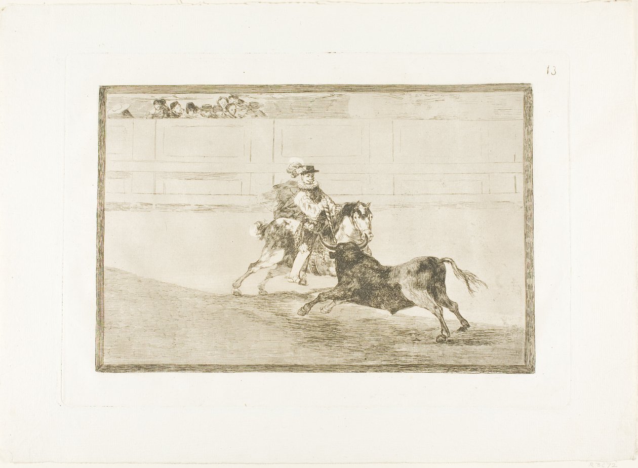 Hiszpański rycerz konny w ringu łamiący krótkie włócznie bez pomocy pomocników, płyta 13 z Sztuki walki byków autorstwa Francisco Jose de Goya y Lucientes
