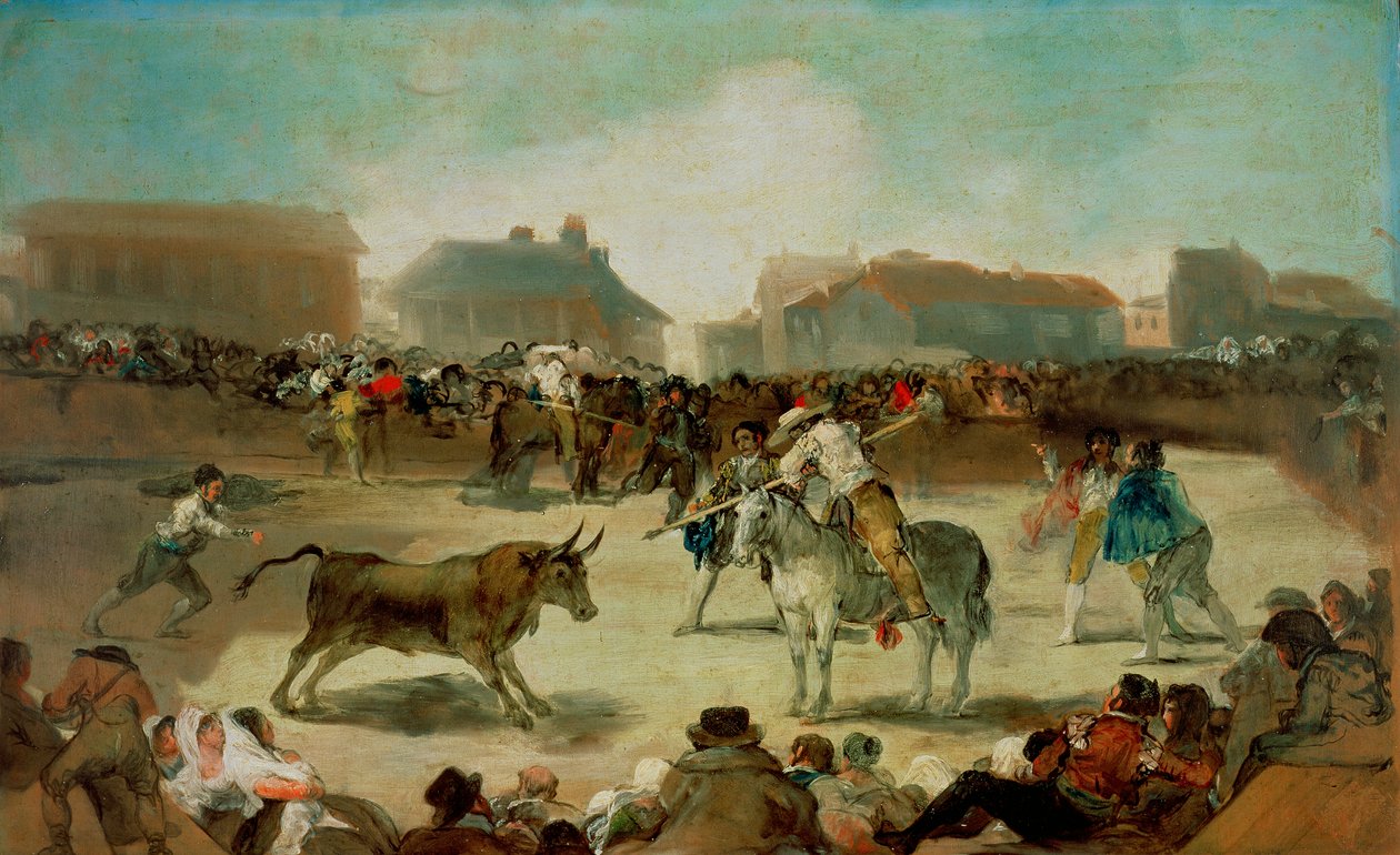 Walka byków A Village - Goya, Francisco, de (1746-1828) - 1812-1814 - Olej na drewnie - 45x72 - Real Academia de Bellas Artes de San Fernando, Madryt ©FineArtImages/Leemage autorstwa Francisco Jose de Goya y Lucientes