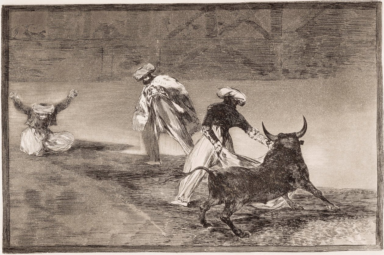 Walka byków: Maurowie bawią się w pelerynę z innym bykiem w zagrodzie autorstwa Francisco de Goya
