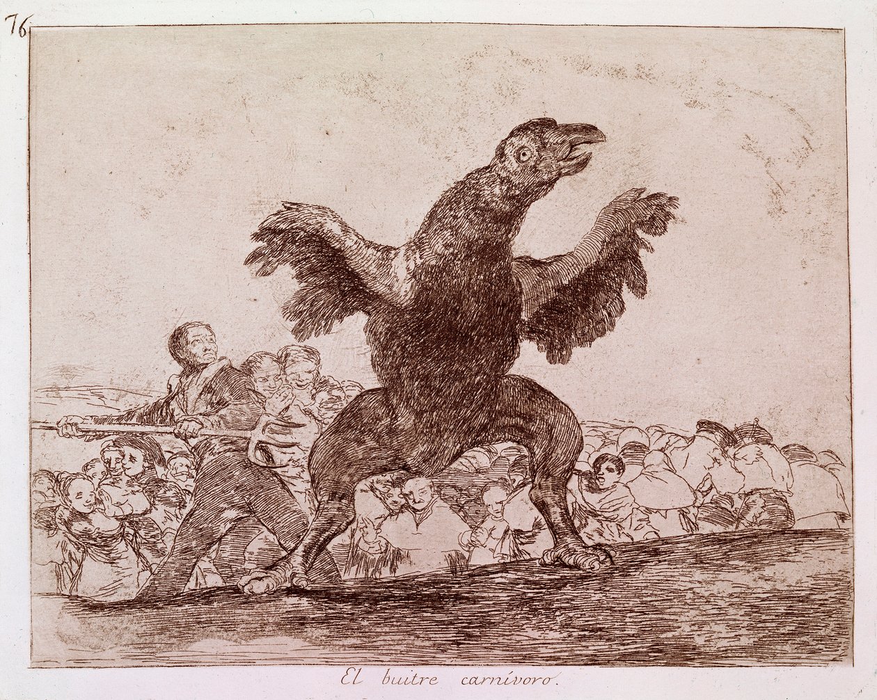 Destres of the war: „” Mięsożerny sęp”” Reprezentacja zwolenników monarchii Ferdynanda VII w Hiszpanii jako zwierzęta. Akwaforta nr 76 autorstwa Francisco de Goya y Lucientes (1746-1828). 1810-1812. Madryt. Muzeum Prado autorstwa Francisco de Goya