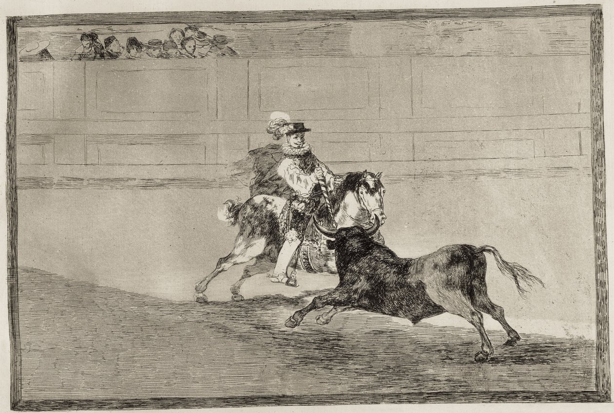 GOYA I LUCIENTES, Francisco de (1746-1828). Hiszpański rycerz konny w ringu łamie krótkie włócznie bez pomocy pomocników. 1816. Akwaforta. HISZPANIA. MADRYT (WSPÓLNOTA AUTONOMICZNA). Madryt. Biblioteka Narodowa autorstwa Francisco Jose de Goya y Lucientes
