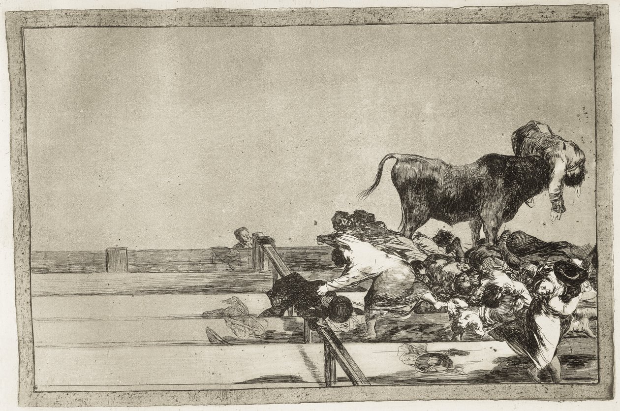 GOYA I LUCIENTES, Francisco de (1746-1828). Straszne wydarzenia w pierwszych rzędach ringu w Madrycie i śmierć burmistrza Torrejon w 1801. 1816. Tablica 21 „Sztuka walki byków”. Akwaforta. HISZPANIA. MADRYT (WSPÓLNOTA AUTONOMICZNA). Madryt. Krajowy autorstwa Francisco Jose de Goya y Lucientes