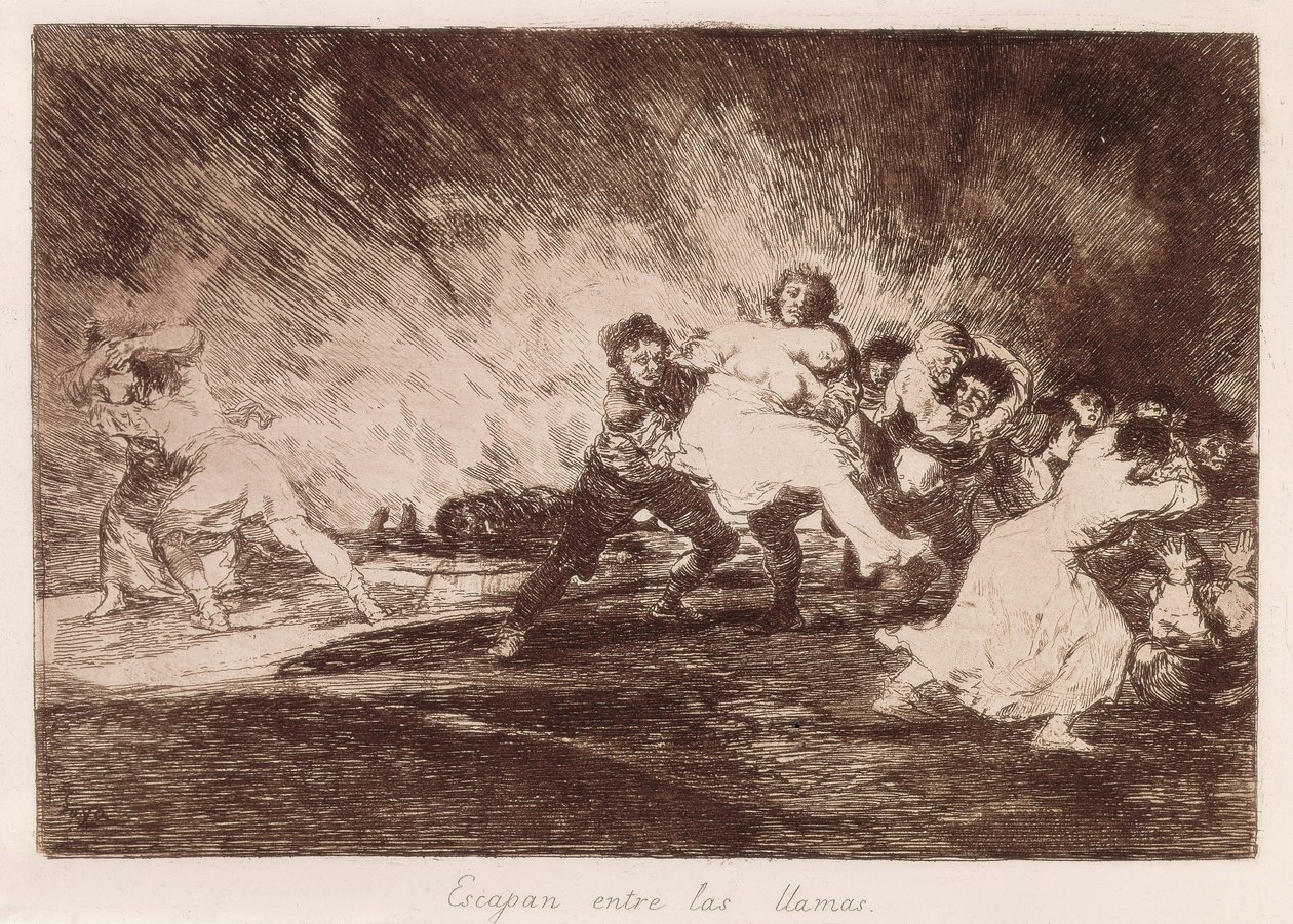 GOYA I LUCIENTES, Francisco de (1746-1828). Uciekają przez płomienie. 1810-1812. (16,1 x 23,3 cm). Tablica 47 „Katastrof wojennych”. Akwaforta. HISZPANIA. MADRYT (WSPÓLNOTA AUTONOMICZNA). Madryt. Biblioteka Narodowa autorstwa Francisco Jose de Goya y Lucientes
