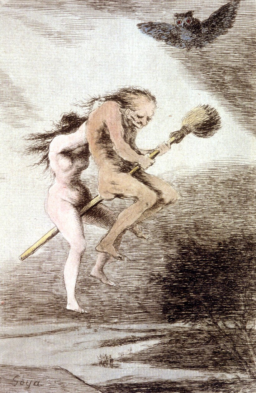 Czarownice „Linda maestria” na miotle, ok. 1802 (grawerowanie) autorstwa Francisco Jose de Goya y Lucientes