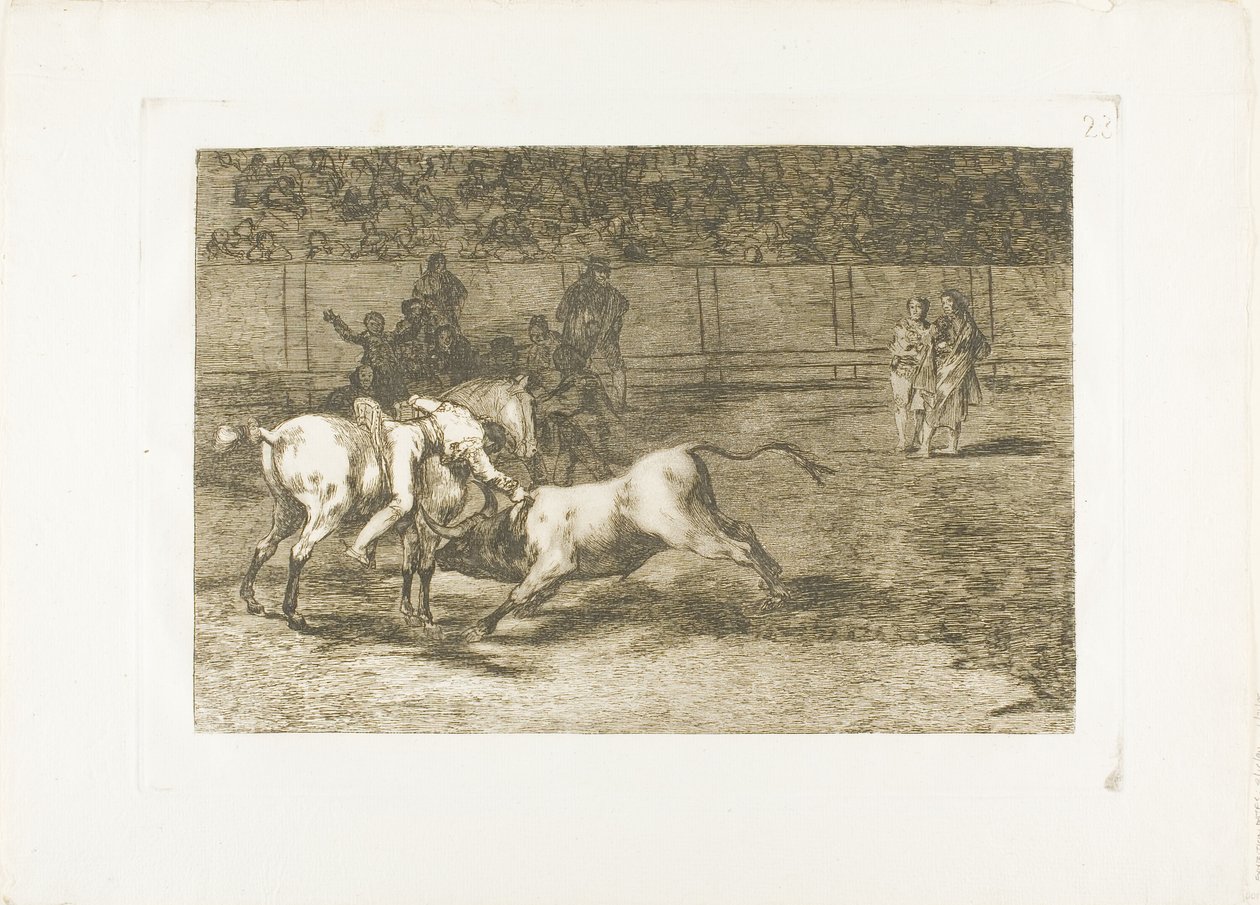 Mariano Ceballos, alias Indianin, zabija byka z konia, płyta 23 z Sztuki walki byków autorstwa Francisco Jose de Goya y Lucientes