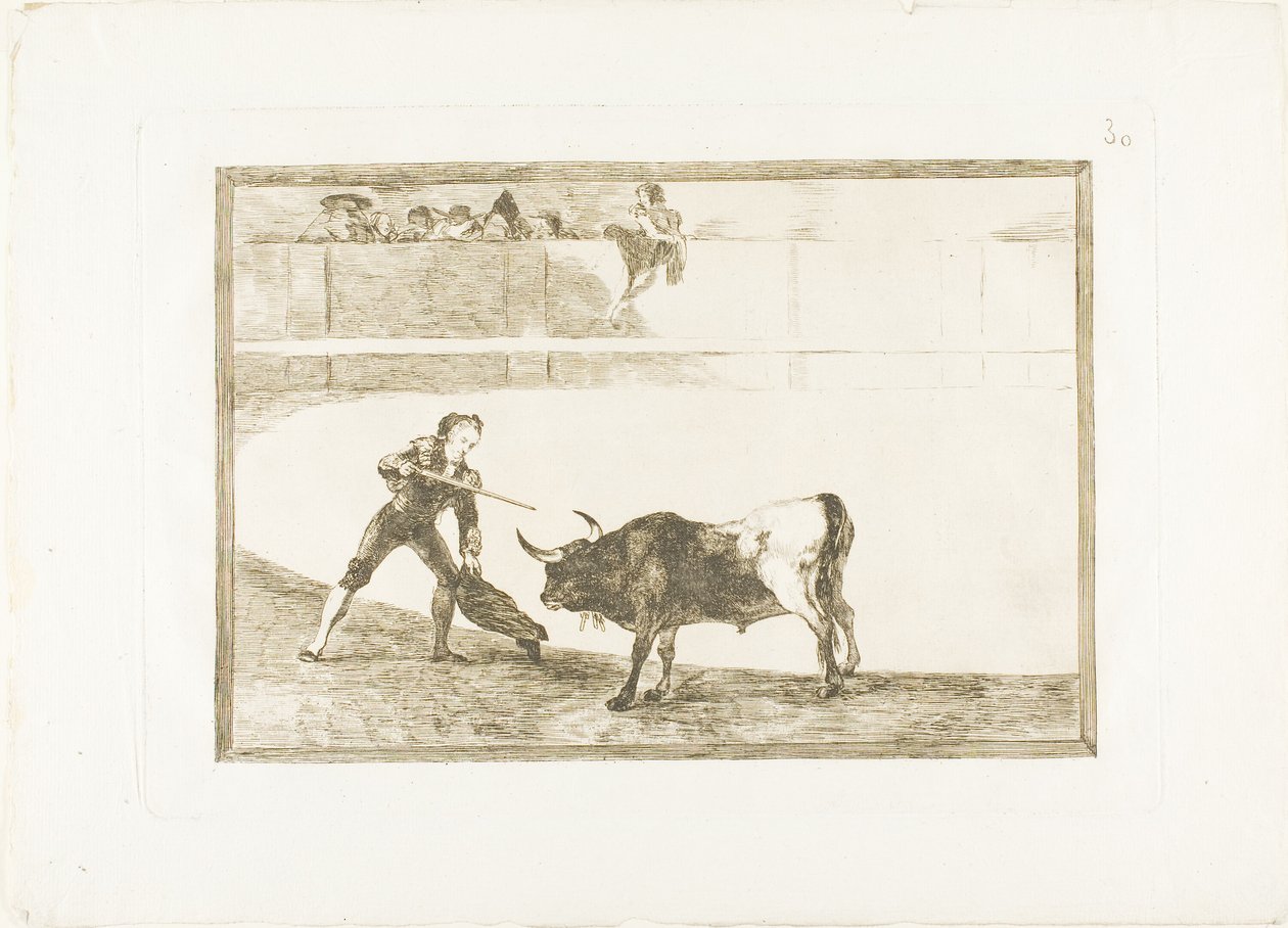 Pedro Romero zabija zatrzymanego byka, płyta 30 z Sztuki walki byków autorstwa Francisco Jose de Goya y Lucientes